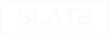White logo with the word "SLATE" in large bold letters above the word "CONSTRUCTION," all inside a thin rectangular border on a light background.